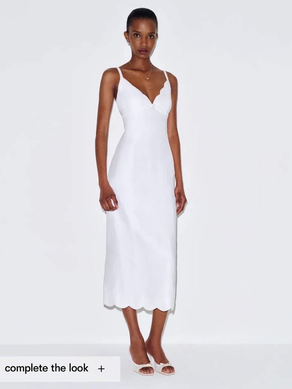 Reformation White Scallop-Trim Linen Midi Dress